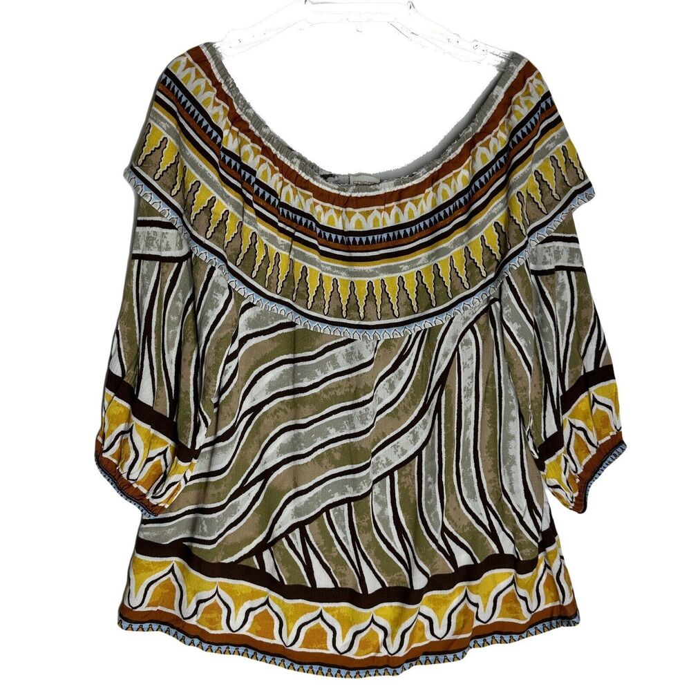 Chicos Off Shoulder Top Size 2 (Large) Tribal Print Elastic Neck Line/Cuff